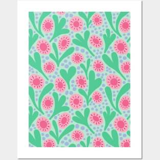Wild colorful boho floral pattern in mint green and pink Posters and Art